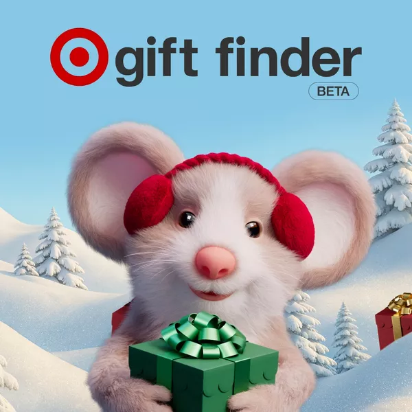 A smiling white mouse wearing red earmuffs holds a green gift box in snowy hills dotted with pine trees and colorful presents. The Target logo and the words “Gift Finder BETA” appear in the clear blue sky.