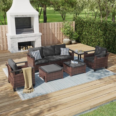 Sonkuki 6 Pieces Patio Sofa & Ottomans & Chair & Coffee Table Set, Conversation Couch with Sand Cushion