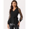 INSPIRE CHIC Women's Tie Waist Peplum Ruffle Hem Party V Neck Mesh Long Sleeve Blouse - 4 of 4