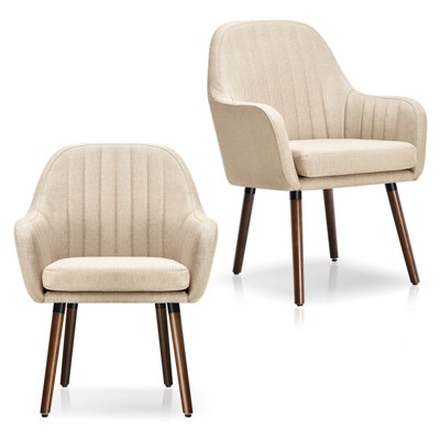 Tangkula Modern Dining Chairs Set of 2 Upholstered Kitchen Chairs with Rubber Wood Legs Thick Sponge Seat Non-Slipping Pads Arm Accent Chairs Beige