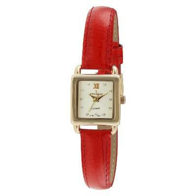 Women's Peugeot Mini Square Crystal Marker Leather Strap Watch - Gold and Red