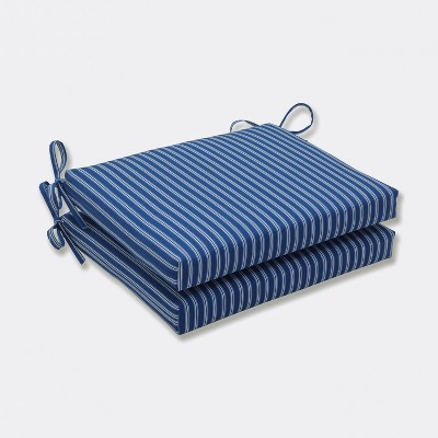 2pk Resort Stripe Squared Corners Outdoor Seat Cushions Blue - Pillow Perfect: Weather-Resistant Chair Pad with Ties