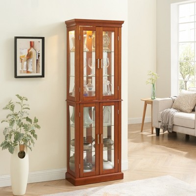 Cabinet Lighted Diapaly Cabinet with Adjustable Shelves and Mirrored Back Panel, Tempered Glass Doors (Walnut, 6 Tier)