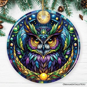 Nocturnal Enchanter Mysterious Owl Stained Glass Style Ceramic Ornament, Halloween Themed Christmas Gift and Decor| OrnamentallyYou - 1 of 4