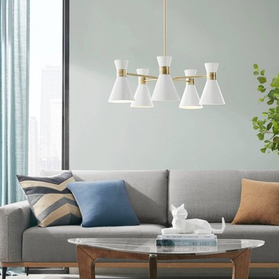 Ezra Mid-Century 5-Light Chandelier in Antique Brass with White Shades