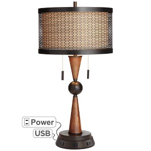 Franklin Iron Works Rustic Farmhouse Table Lamp with USB Outlet Workstation Base 28.75" Tall Antique Bronze Wood Double Drum Shade Living Room - 1 of 4