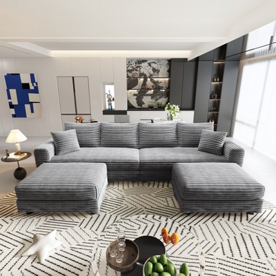 TiramisuBest 102.4" Plush Corduroy 4-Seat Sofa with 2 Ottomans, Deep Seat Cloud Couch, Convertible Lounge Sofa,Grey