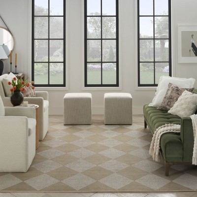 Ivory and Beige Geometric Cotton Blend Washable Rug 5' x 7'