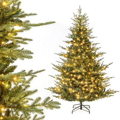 Tangkula Pre-Lit Artificial Christmas Tree Hinged Xmas Tree w/ PVC & PE mixed Branch Tips