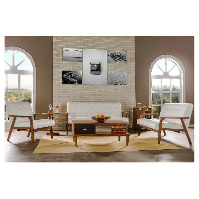 Elegant White Faux Leather Tufted Sleeper Sofa with Wood Accents