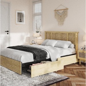 Full Bed Frame with Natural Rattan Headboard, 4 Storage Drawers, Bohemian-Style Cane Mattress Support, Strong Metal Base with Resilient Wooden - 1 of 1