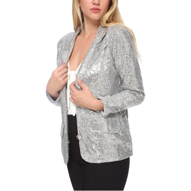 Anna-Kaci Women's Long Sleeve Sparkle Sequin Two Button Blazer Jacket, 1 of 7