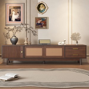 Mid Century Modern TV Stand for 80" TVs, Entertainment Center with Sliding Doors & Rattan Drawers, Media Console with Storage, Dark Brown - HABITRIO - 1 of 4