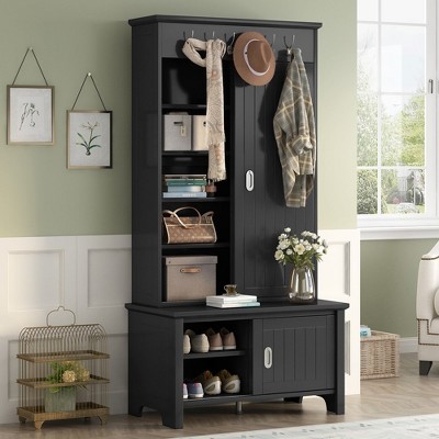 Hall Tree With Sliding Doors Wooden Shoe Cabinet With Storage Bench Adjustable Shelves Modern Coat Rack With Hooks For Entryway Hallway Living Room