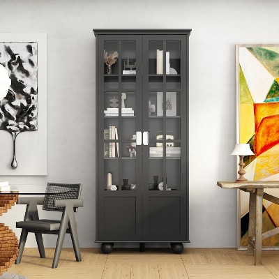 Famapy Bookshelf Storage Cabinet with 2 Acrylic Glass Doors and Shelves