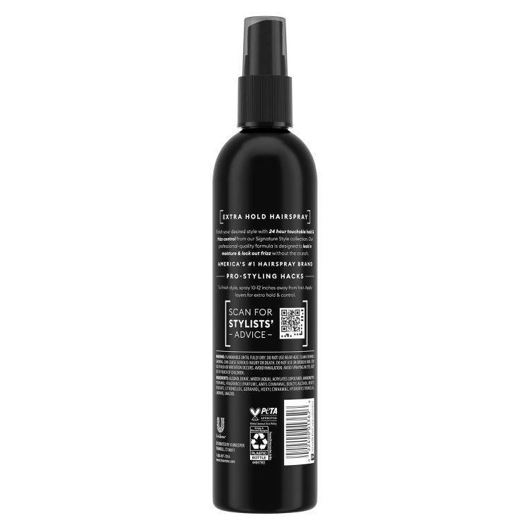 Black colored hairspray bottle labeled "Extra Hold Hairspray" with a spray nozzle and text about styling advice.