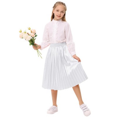 Kids Solid Pleated Skirt Below the Knee Girls Satin Skirts