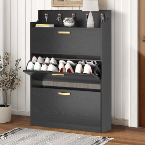 VECELO Shoe Cabinet with 2 Flip Drawers, Freestanding Narrow Hidden Storage Organizer with Hooks for Entryway or Hallway, Black/White - 1 of 4