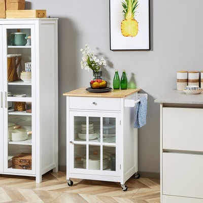 NicBex Mobile Kitchen Island Cart Morden Kitchen Carts on Wheels with Storage, 1 Glass Cabinet Door and 1 Drawer for Kitchen, White