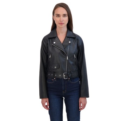 Juniors' Faux Leather Belted Motorcycle Jacket - Sebby Black X-Large