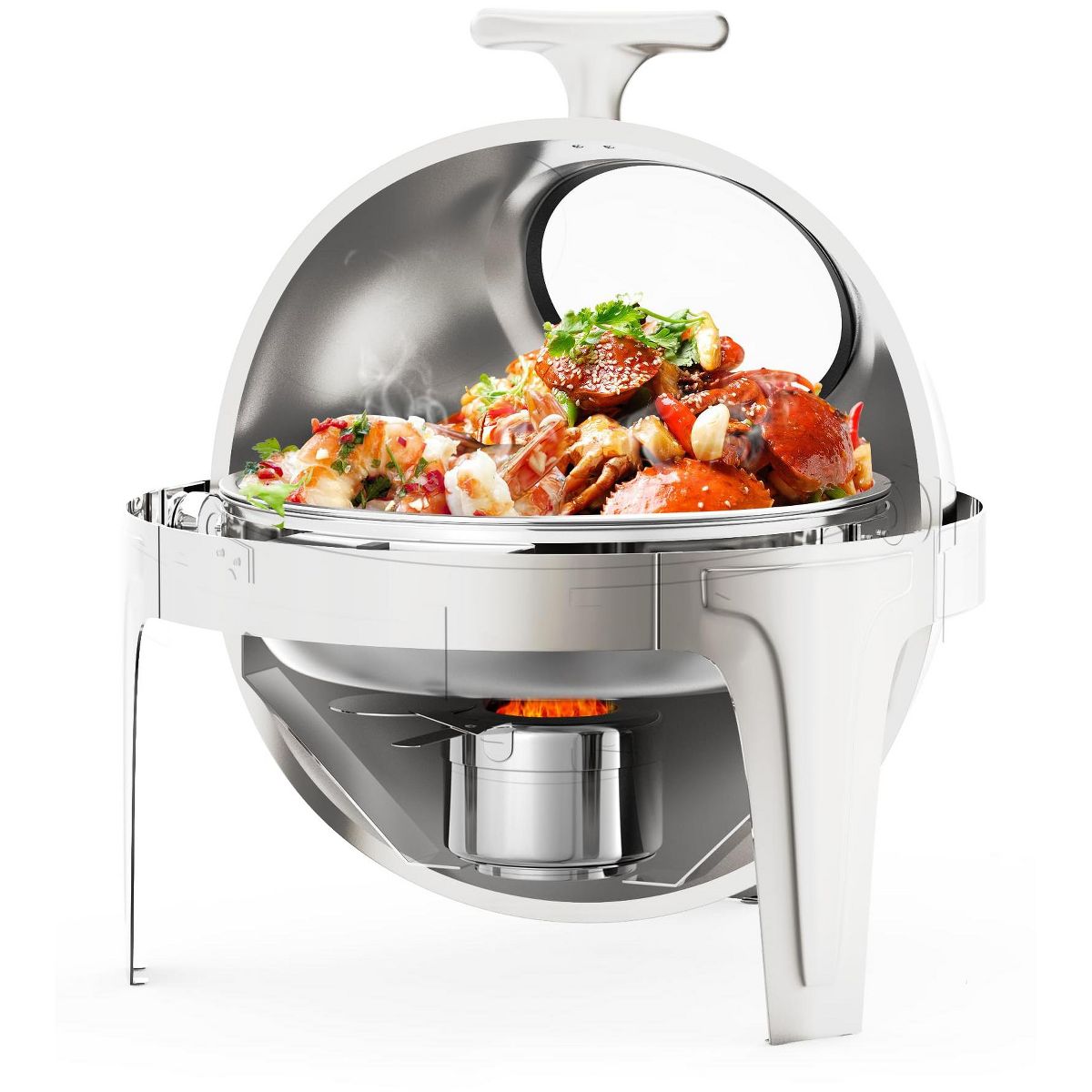 Roll Top Chafing Dish Set - Full Size Stainless Steel Buffet Warmer with Glass Window for Weddings & Events, Silver
