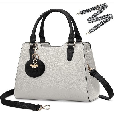 Women's Top Handle Tote Bag PU Faux Leather Shoulder Bag Women's Wallet Handbag with Cute Pom Pom