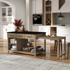 JUJABU Extendable Retro Kitchen Island with Storage, Drawers, Open Shelves and Built-In Power Outlets - 1 of 4