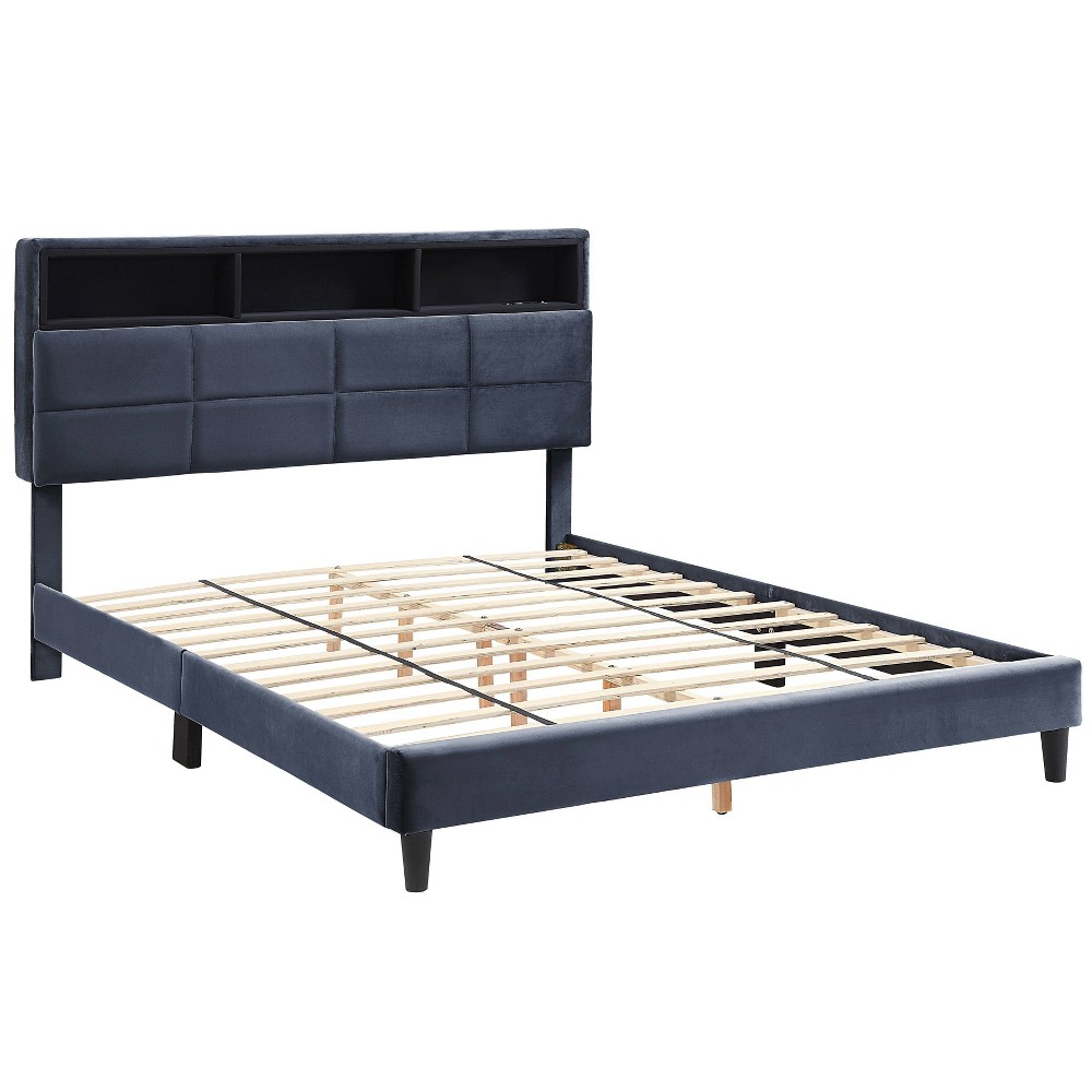 Full Meldrum Contemporary Upholstered Bed with Storage and USB Power Ports Gray - miBasics