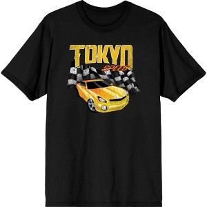 Car Fanatic - Tokyo Speed Racing Flag and Yellow Car Adult Crew Neck Short Sleeve Tee - 1 of 2