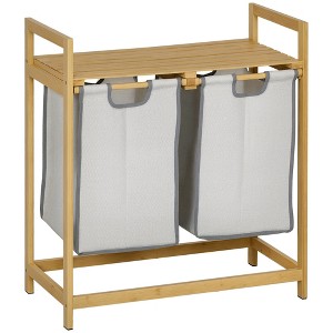 HOMCOM Double Laundry Hamper, Bamboo Laundry Basket with Storage Shelf, 2 Pull-Out and Removable Bags, 2 x 10.7 Gallons, Natural Wood and Dark Gray - 1 of 4