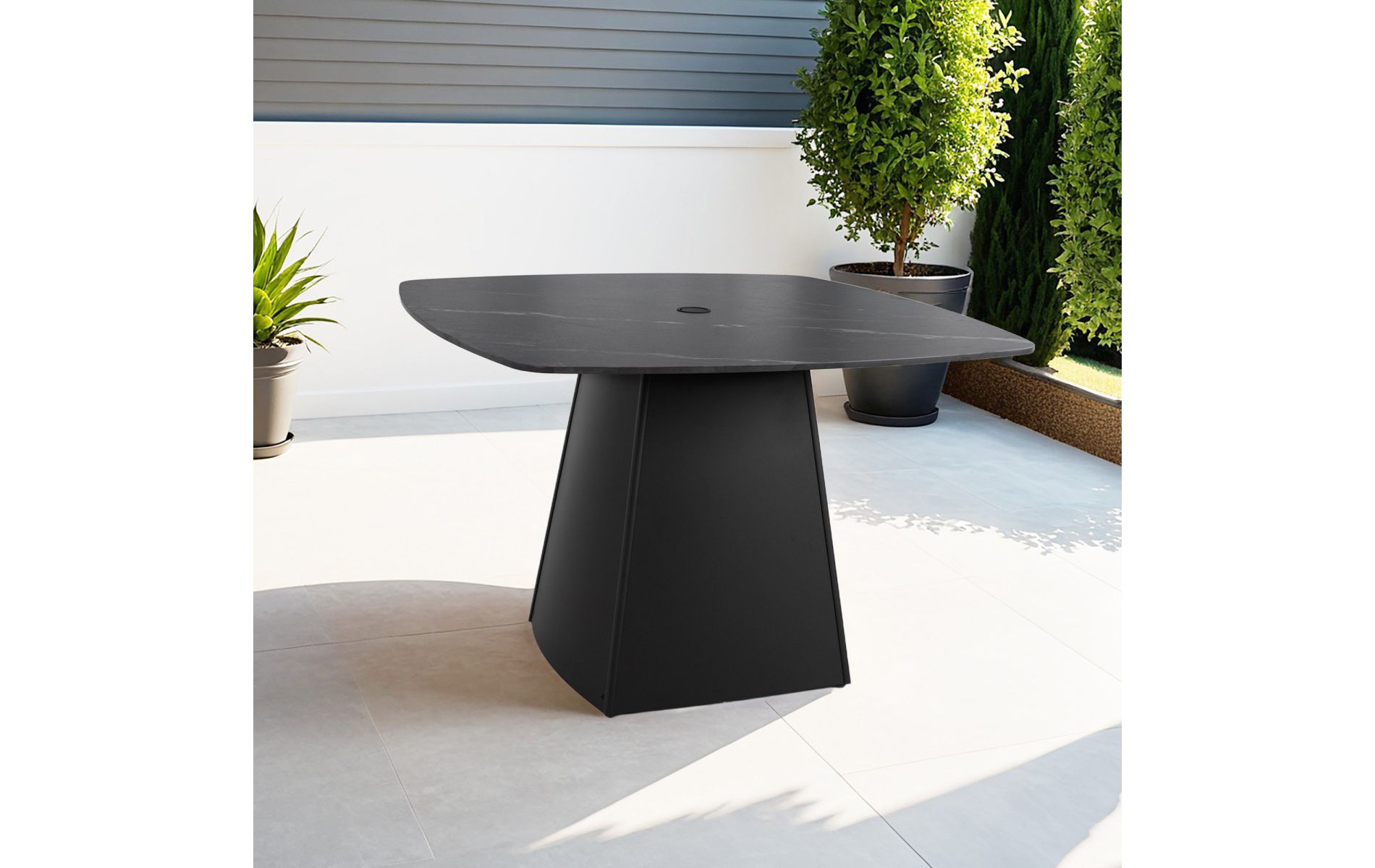 44" Outdoor Patio Dining Table, Rounded Square Black Sintered Stone Top with Aluminum Pedestal Base in Ember Black for Backyard or Deck-Panipeachy