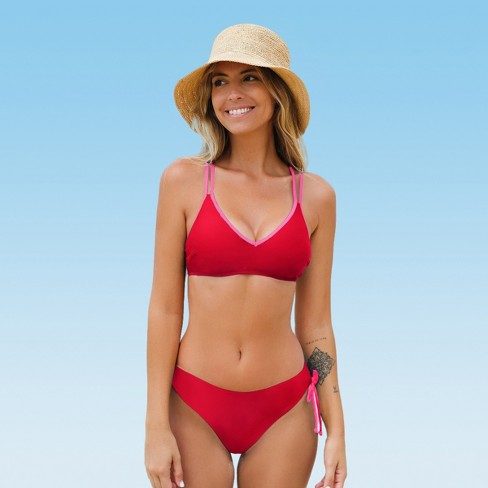 Women's Criss Cross Back Strappy Side Bikini Set Swimsuit - Cupshe-M-Red