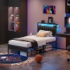 Furnulem Twin size bed frame with charging station and LED light gray upholstered headboard two-tier storage shelves No Box Spring Needed Black - 2 of 4