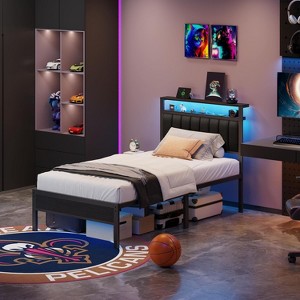 Furnulem Twin size bed frame with charging station and LED light gray upholstered headboard two-tier storage shelves no spring mattress required - 1 of 4