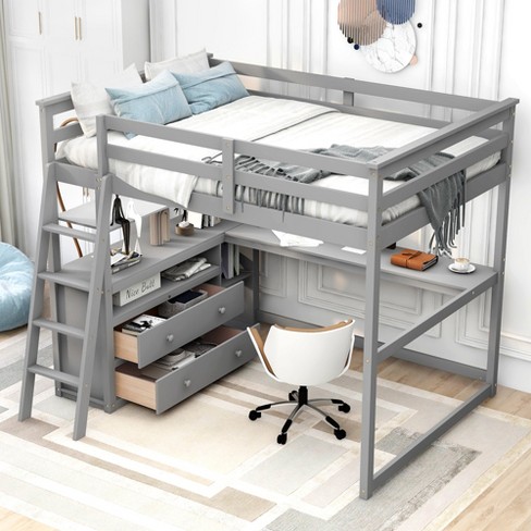 Full Size Loft Bed With Desk, Shelf And Two Built-in Drawers ...