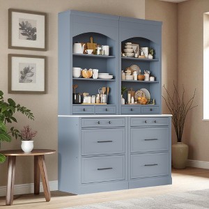 Modern 83.7" Tall Kitchen Pantry Cabinet with Faux Marble Top, Freestanding Hutch Cupboard with 5 Drawers and Adjustable Shelf, Set of 2 - 1 of 4