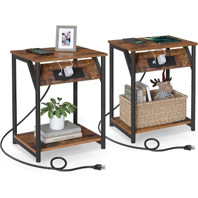 Small Side Tables, Nightstand with Outlets and USB Ports, Bedside Table with Storage Shelf