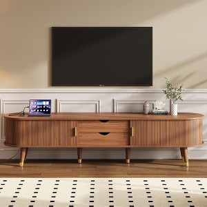 HDZNVF Wooden Oval Fluted TV Stand with Charging Station for TV up to 80 inch, Walnut - 1 of 4