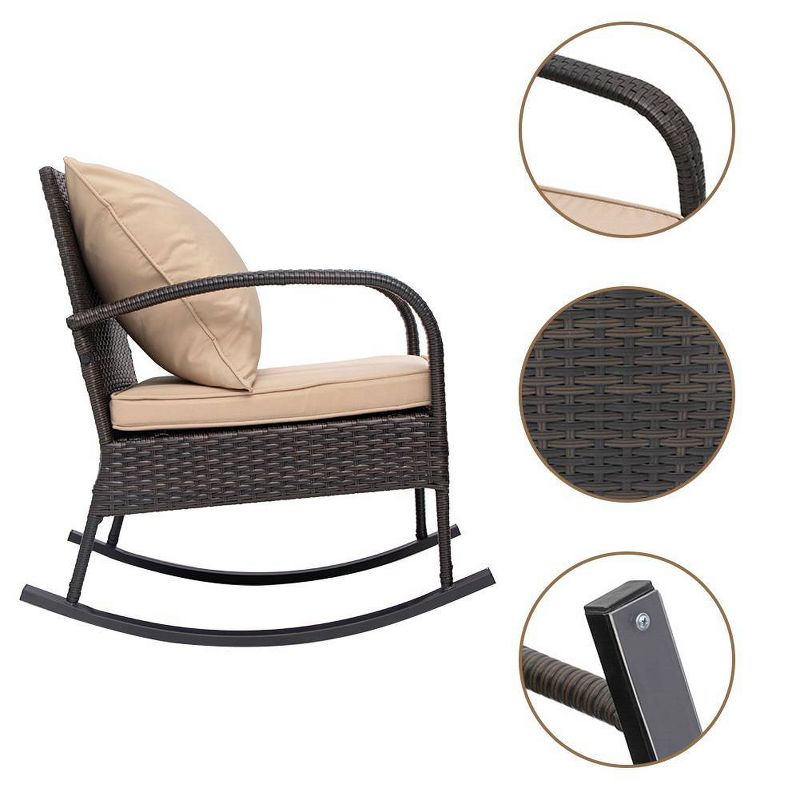 3pc Outdoor Wicker Rattan Rocking Chairs with Glass Top Table - Tan - Crestlive Products, 4 of 6