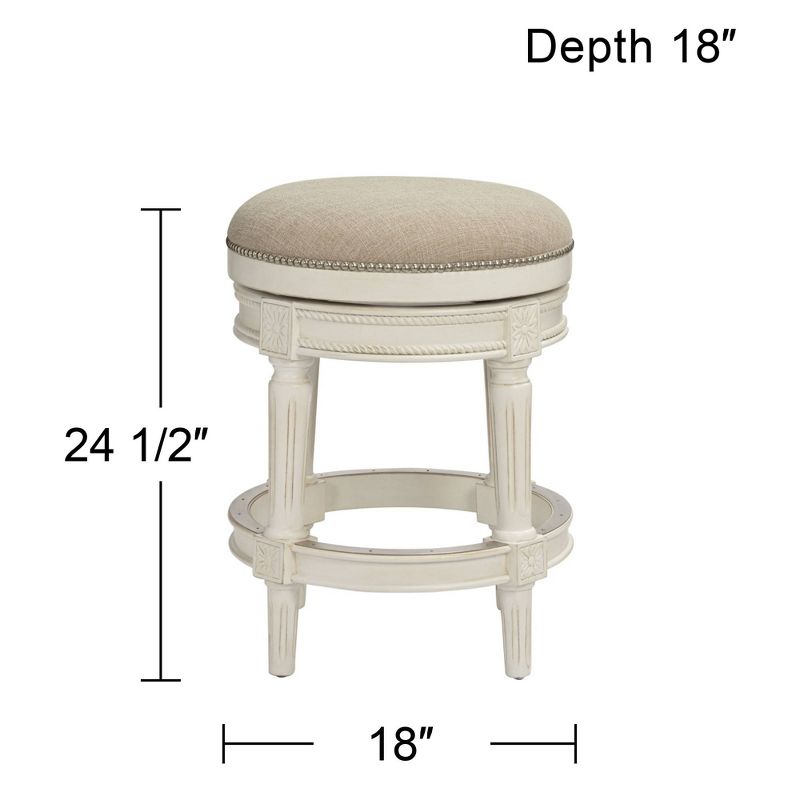 55 Downing Street Oliver Wood Swivel Bar Stool Distressed White 24 1/2" High Traditional Cream Round Cushion with Footrest for Kitchen Counter Island, 4 of 10