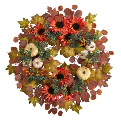 Nearly Natural 30” Fall Acorn, Sunflower, Berries and Autumn Foliage Artificial Wreath