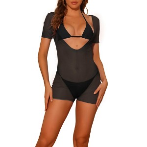 Elerevyo Women's Halter Bikini Lace Up Swimwear Bathing Suits with Sheer Mesh Cover Up Romper 1 Set - 1 of 4