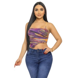Slickblue Women's Mesh Print Slim Fit Long Sleeve Top, Herringbone Pattern Shirt, Orange Multi or Blue Multi, Size S-L - 1 of 4