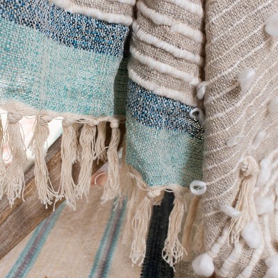 Beige and Blue Reversible Wool Throw Blanket