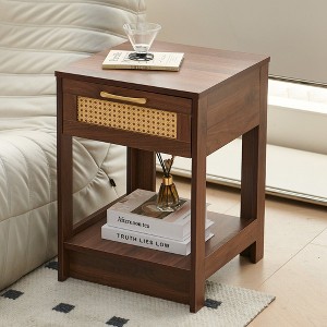 PE Rattan End Table with Drawer, Modern Nightstand, Side Table for Living Room, Bedroom, Walnut Color - 1 of 4