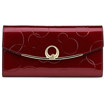 BEAFUP Women's Wallet,Women's Genuine Leather Long Three Fold Wallet Bright Leather Large Capacity Buckle, Circled Embossed Pattern, RFID(Wine Red)
