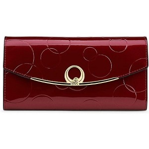 BEAFUP Women's Wallet,Women's Genuine Leather Long Three Fold Wallet Bright Leather Large Capacity Buckle, Circled Embossed Pattern, RFID(Wine Red) - 1 of 4