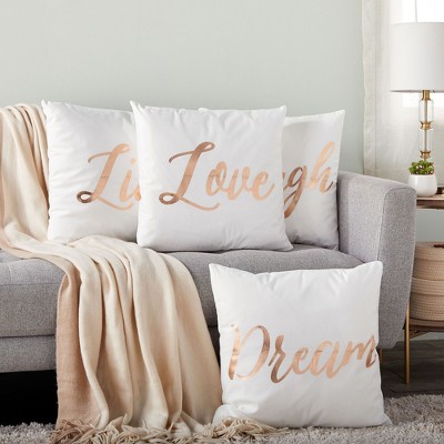 Set of 4 White Cotton Pillow Covers with Rose Gold Inspirational Phrases