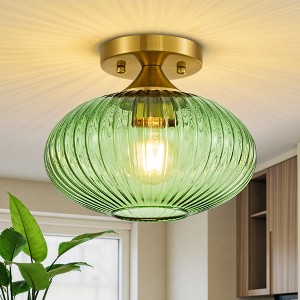 POWLIG 9.45 Inch Modern Ceiling Light with Green Striped Glass Shade - Gold Finish Semi-Flush Mount for Kitchen, Hallway, Bedroom Lighting - 1 of 4