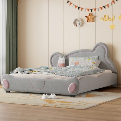 Twin/Full/Queen Size Velvet Upholstered Platform Bed with Bear-Shaped Headboard and Bed-End Storage Pocket 4W - ModernLuxe